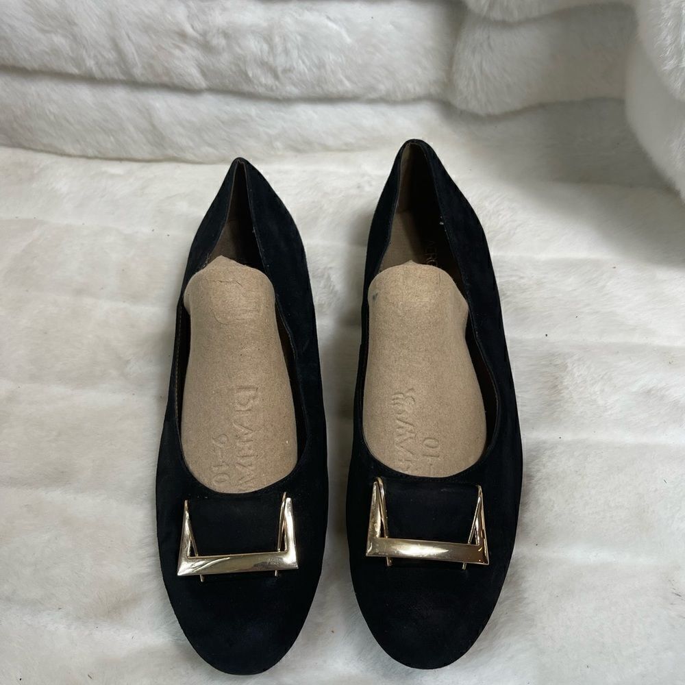 Aerosoles leather suede black slip on flats with gold tone buckle round toe SZ11